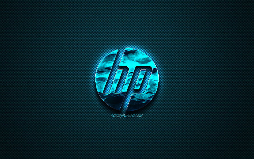 Glowing HP Logo with Cyan Marble Texture on Dark Carbon Fiber Background HD wallpaper