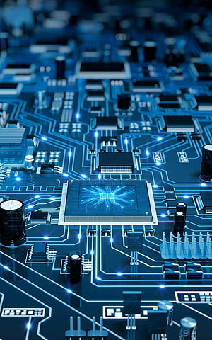 Futuristic Blue Circuit Board with Glowing Microchip and Electronic Components HD phone wallpaper