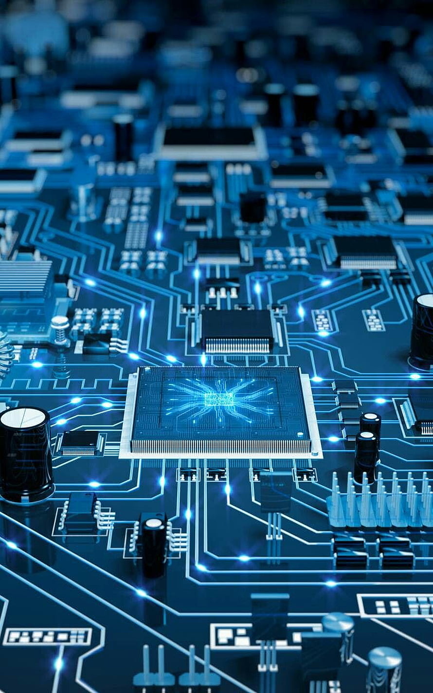 Futuristic Blue Circuit Board with Glowing Microchip and Electronic Components HD phone wallpaper