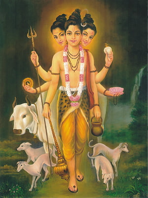 Three-Faced Shiva with Nandi and White Dogs in Traditional Indian Painting HD phone wallpaper