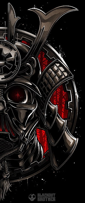 Dark Fantasy Samurai Warrior Helmet Illustration With Red Accents HD phone wallpaper