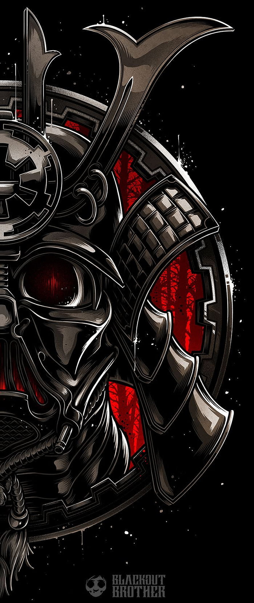 Dark Fantasy Samurai Warrior Helmet Illustration With Red Accents HD phone wallpaper
