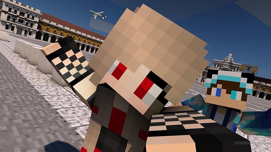 Minecraft Custom Skins: Two Blocky Characters in a European Town Square with Airplane HD wallpaper