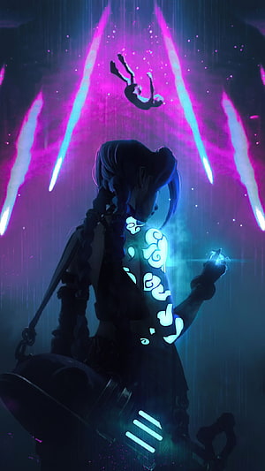 Anime Girl With Glowing Blue Tattoos And Neon Lights In Dark Fantasy Setting HD phone wallpaper