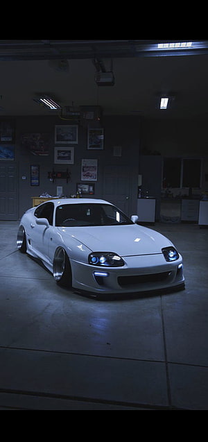 White Toyota Supra MK4 with Stance Build and LED Headlights in Garage HD phone wallpaper