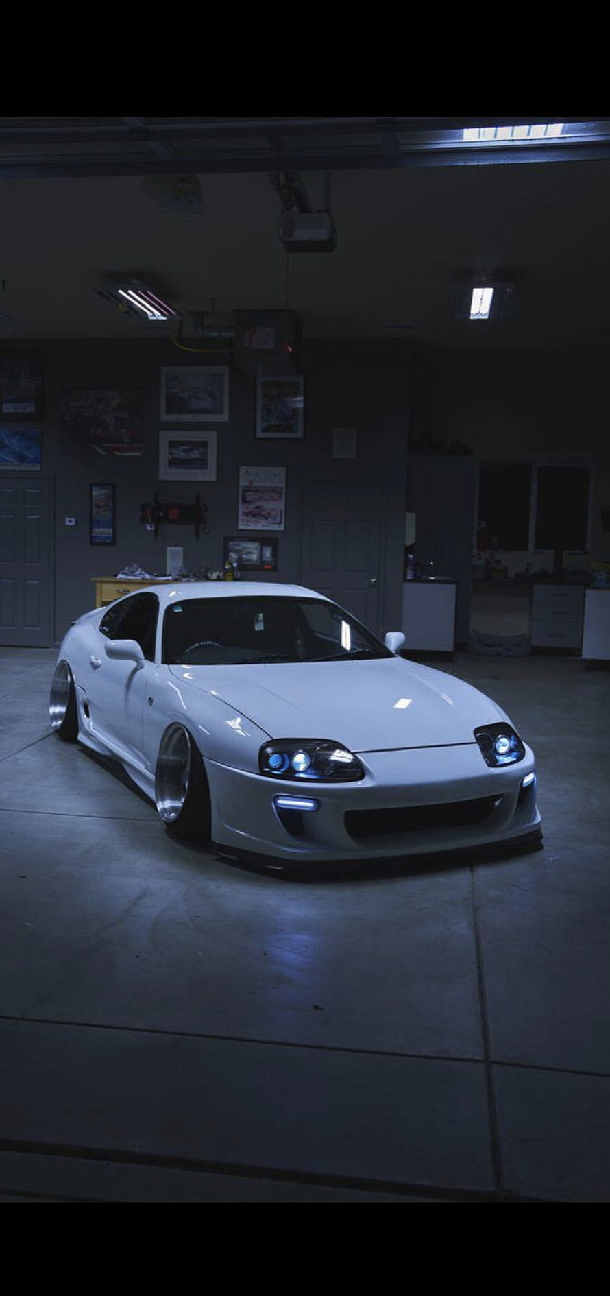White Toyota Supra MK4 with Stance Build and LED Headlights in Garage HD phone wallpaper