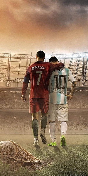 Cristiano Ronaldo and Lionel Messi Walking Together on Soccer Field HD phone wallpaper