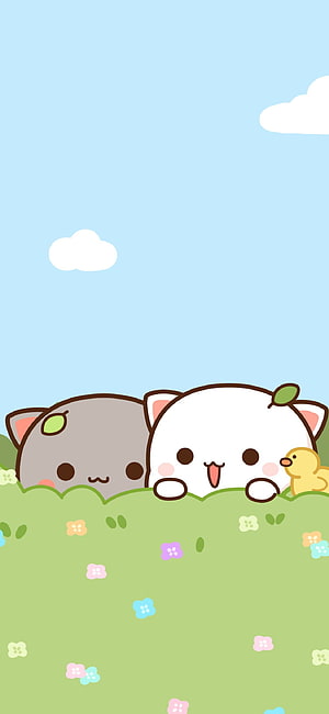 Peach and Goma Kawaii Cats Peeking Over Flower Meadow with Blue Sky HD phone wallpaper
