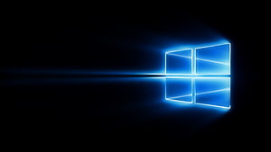 Glowing Windows 10 Logo on Black Background with Neon Blue Reflection HD wallpaper