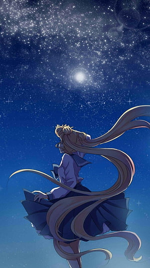 Sailor Moon Crystal Anime Girl Gazing at Starry Night Sky HD phone wallpaper