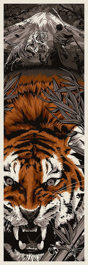 Japanese Tiger and Samurai Artwork with Mount Fuji Landscape HD phone wallpaper
