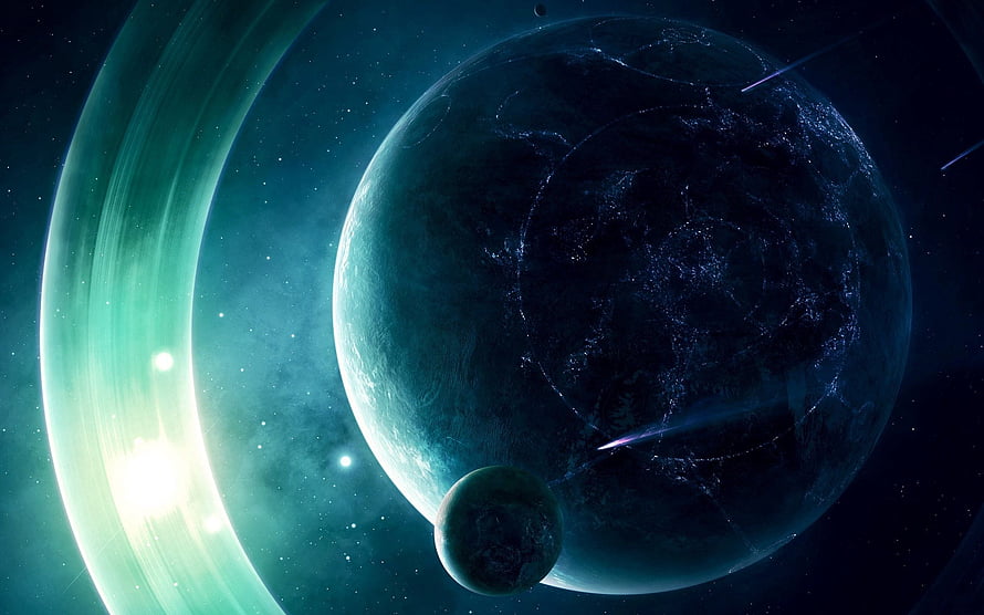 Mystical Deep Space Scene Featuring Glowing Ringed Planet and Dark Celestial Body HD wallpaper