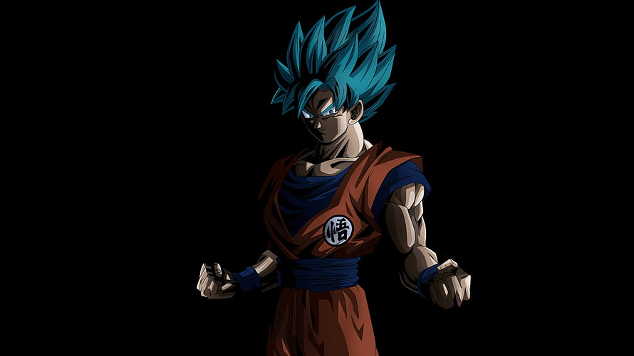 Goku Blue Hair Super Saiyan Anime Character on Black Background HD wallpaper