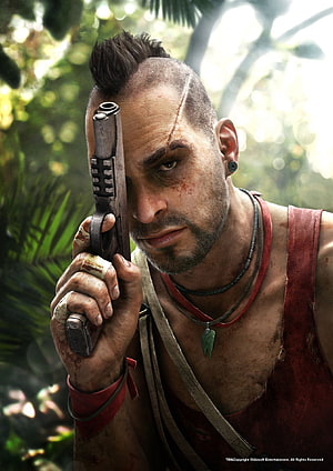 Vaas Montenegro from Far Cry 3 Holding Pistol in Tropical Jungle Setting HD phone wallpaper