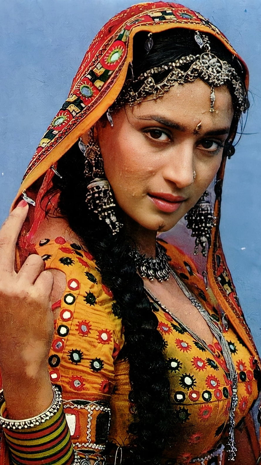 Madhuri Dixit in Traditional Rajasthani Attire with Intricate Silver Jewelry and Embroidered Dupatta HD phone wallpaper