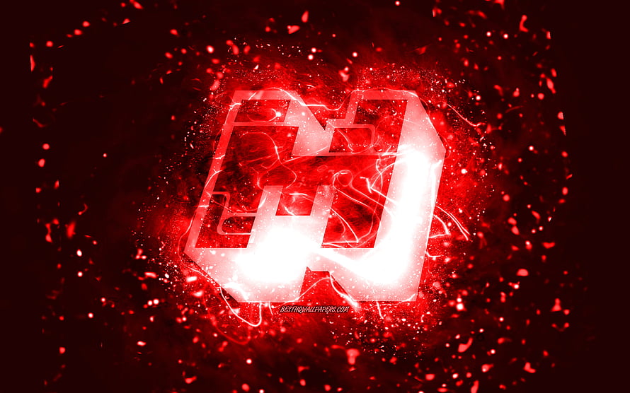 Minecraft Red Glowing Logo with Neon Sparks and Abstract Particle Background HD wallpaper