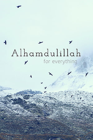 Alhamdulillah for Everything: Serene Snowy Mountain Landscape with Flying Birds and Inspirational Islamic Quote HD phone wallpaper