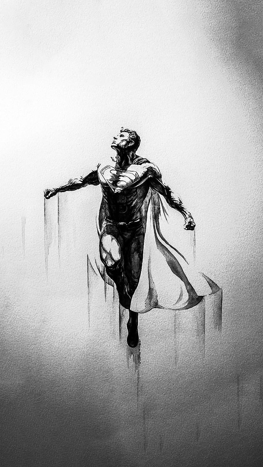 Black and White Sketch of Superman Flying Through the Sky, Superman Black And White, Black and White Superman HD phone wallpaper