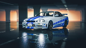 Nissan Skyline R34 GT-R Paul Walker Brian O'Conner Livery in Dramatic Underpass Setting HD wallpaper