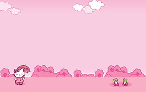 Hello Kitty with Umbrella and Frogs in a Pink Landscape HD wallpaper