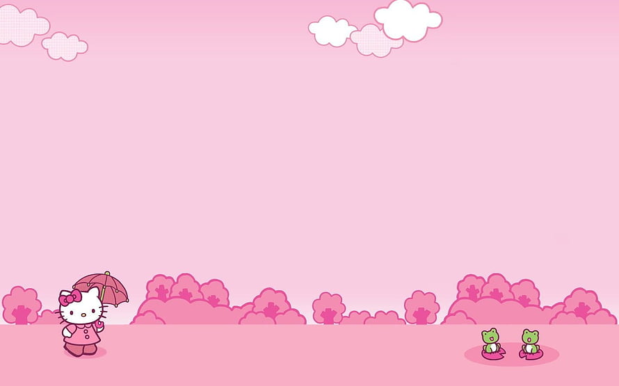 Hello Kitty with Umbrella and Frogs in a Pink Landscape HD wallpaper