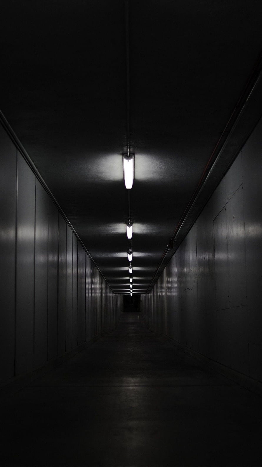 Eerie Dimly Lit Industrial Corridor with Fluorescent Ceiling Lights HD phone wallpaper