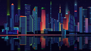 Neon Cyberpunk Cityscape at Night with Skyscrapers and Water Reflection HD wallpaper
