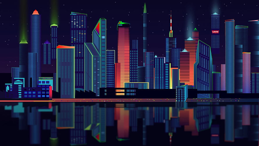 Neon Cyberpunk Cityscape at Night with Skyscrapers and Water Reflection HD wallpaper