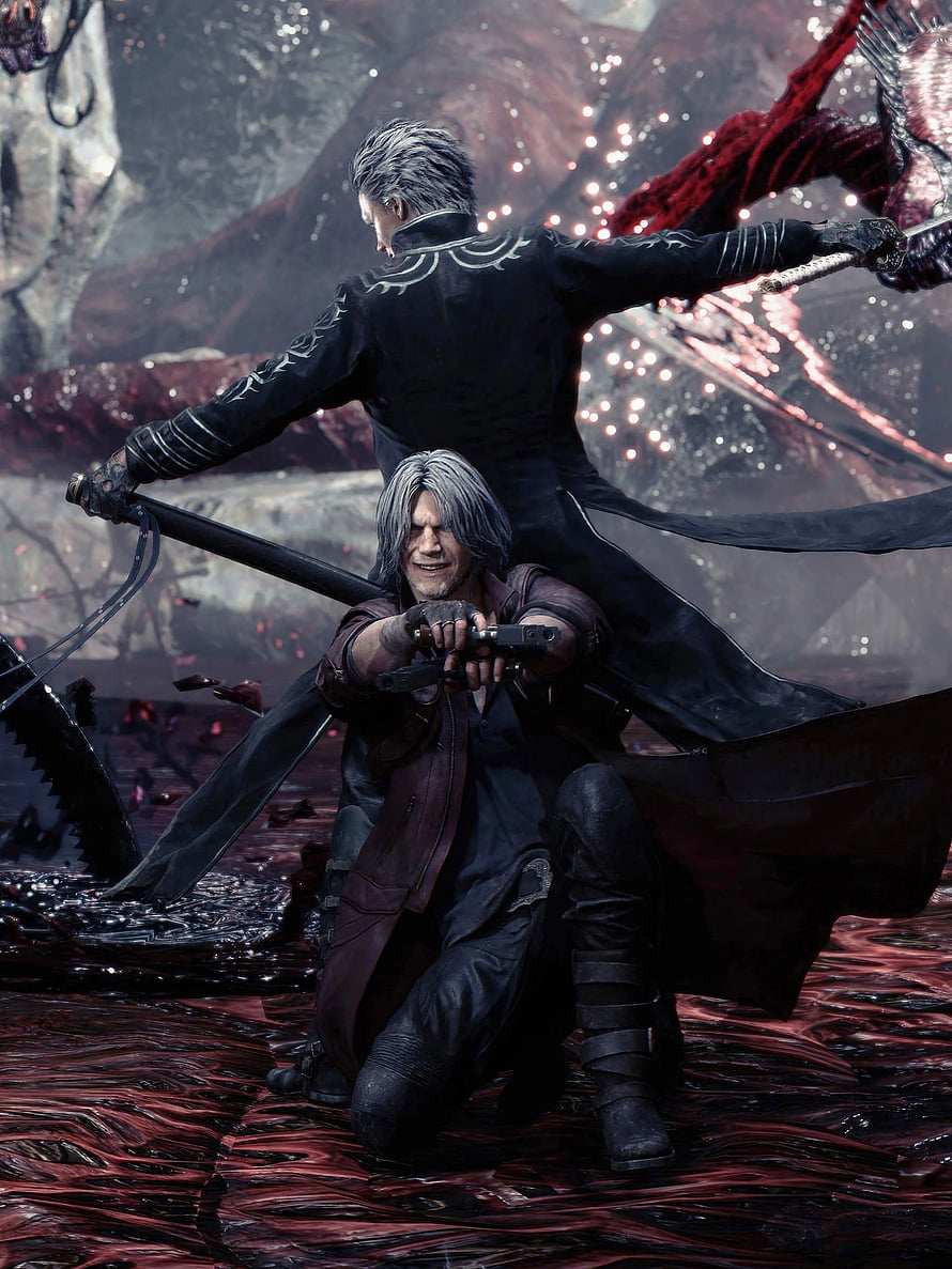 Vergil and Dante fighting in Devil May Cry 5, dynamic action scene with swords and guns HD phone wallpaper