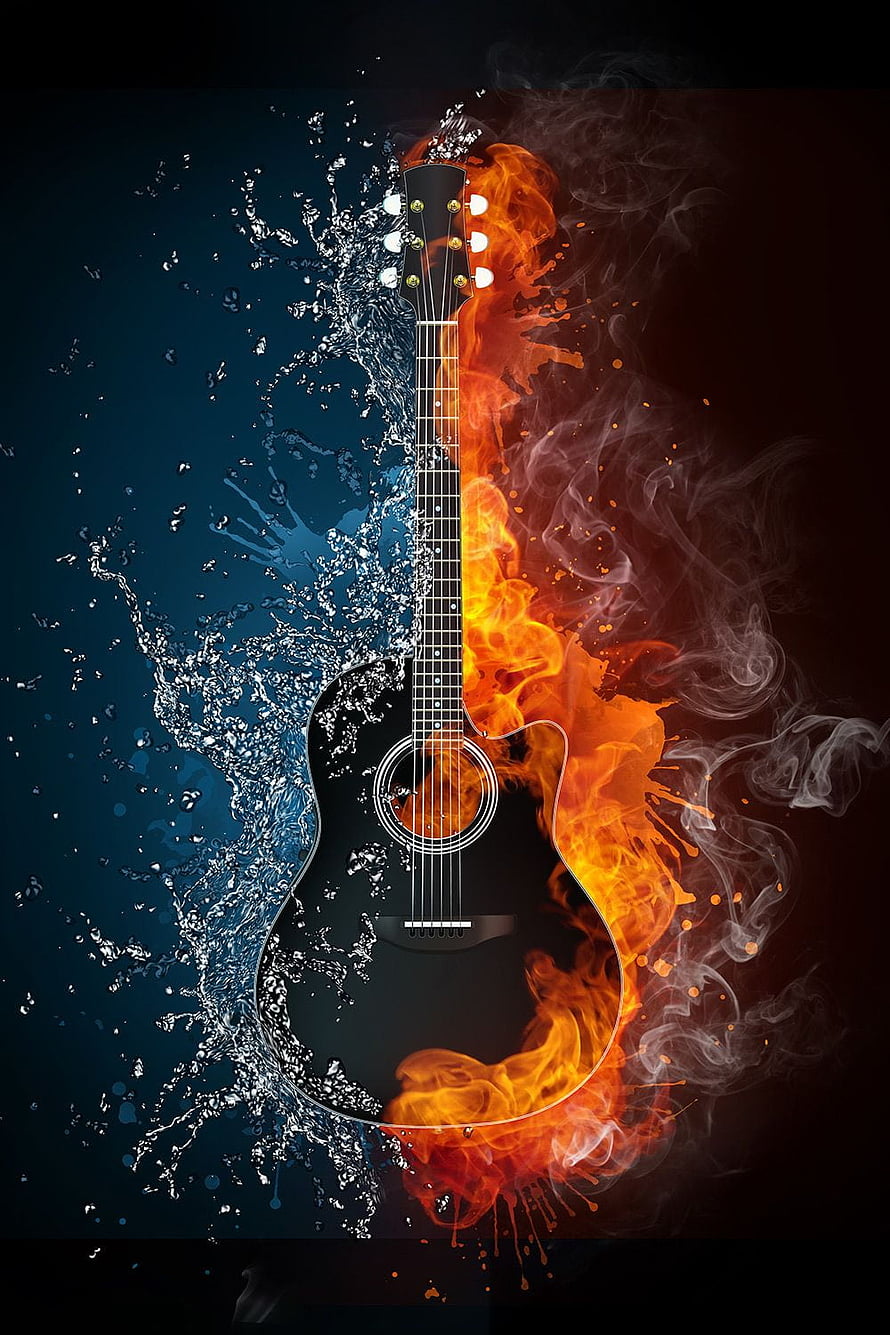 Acoustic Guitar Split Between Water Splash and Fire Flames HD phone wallpaper