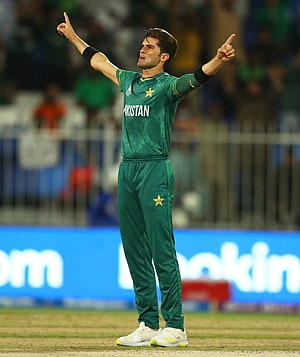 Shaheen Afridi Celebrating on the Cricket Field in Pakistan Green Kit HD phone wallpaper