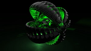 Glowing Green 3D Abstract Sculpture with Dark Faceted Surfaces and Neon Light Effects HD wallpaper