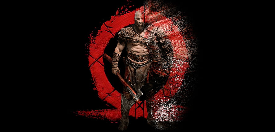 Kratos from God of War standing before a bold red brushstroke on a black background HD wallpaper