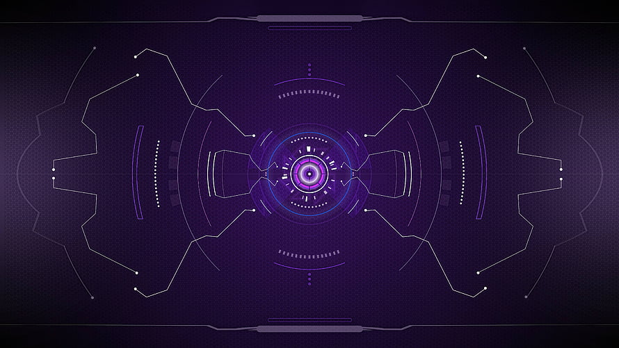 Futuristic Sci-Fi HUD Interface with Glowing Purple Core and Circuit Diagrams HD wallpaper