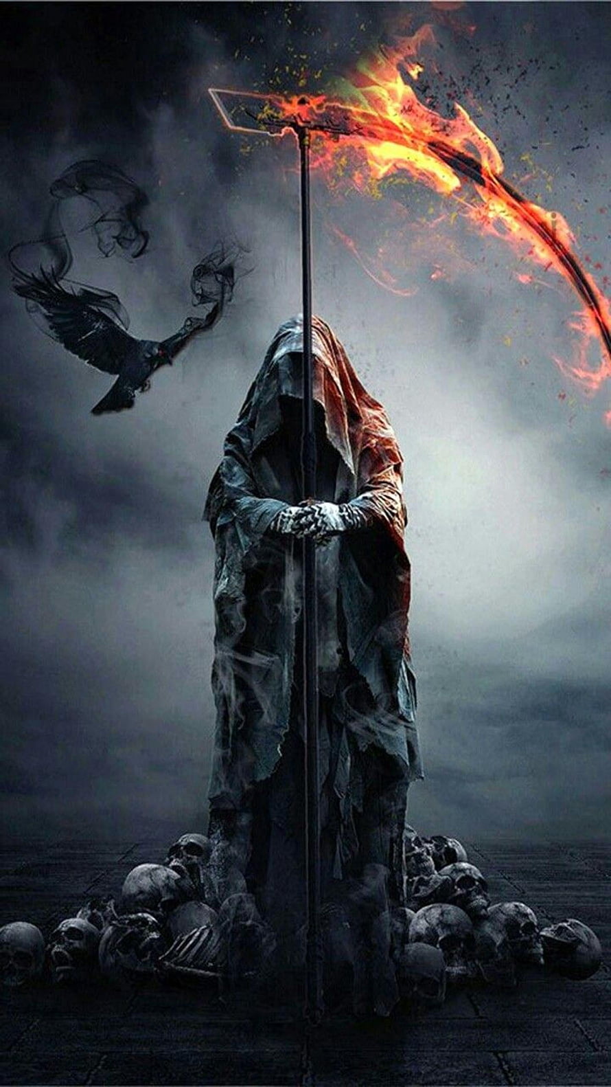 Dark Fantasy Grim Reaper With Burning Scythe And Skulls HD phone wallpaper