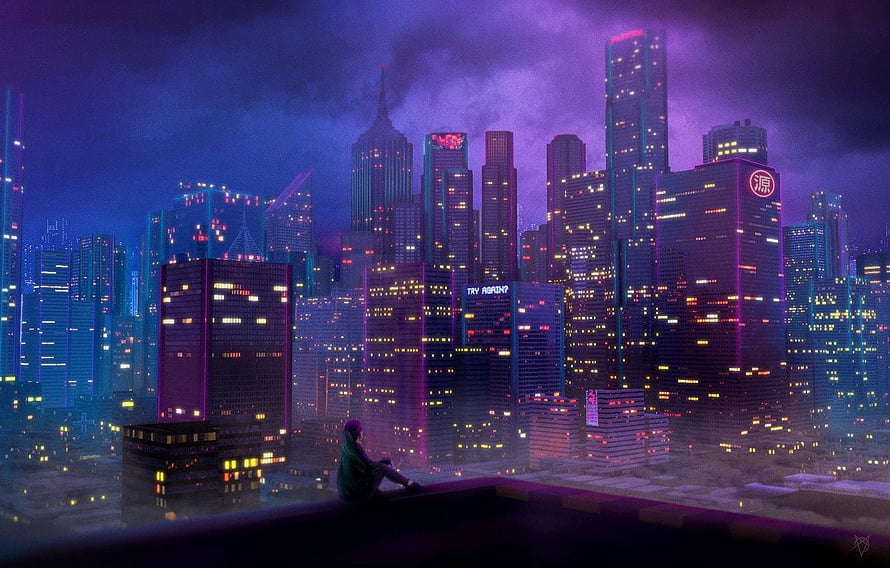 Cyberpunk Cityscape at Night with Loner on Rooftop and Neon Skyscrapers HD wallpaper