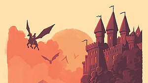 Fantasy Illustration of a Knight Riding a Pegasus Towards a Castle at Sunset HD wallpaper