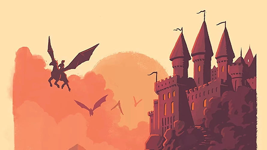 Fantasy Illustration of a Knight Riding a Pegasus Towards a Castle at Sunset HD wallpaper