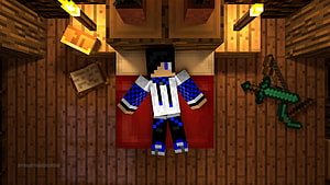 Minecraft Character Sleeping in Wooden Cabin with Diamond Sword and Bow HD wallpaper