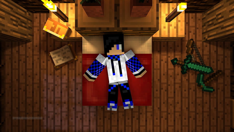Minecraft Character Sleeping in Wooden Cabin with Diamond Sword and Bow HD wallpaper