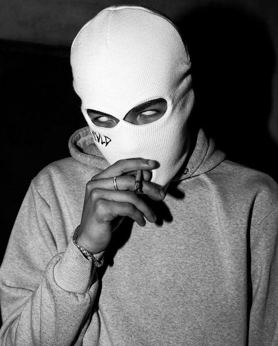 Monochrome Portrait of a Person in a White Ski Mask Smoking a Cigarette HD phone wallpaper