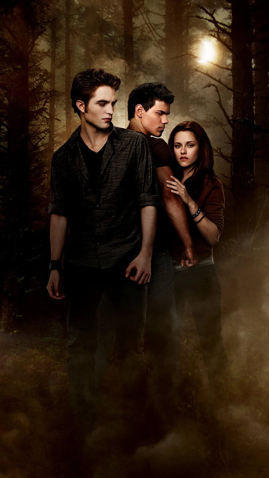 Twilight Saga Eclipse Movie Poster Featuring Edward Jacob and Bella in a Misty Forest HD phone wallpaper