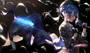 Blue-haired anime girl singing into a microphone with a magical glowing blue creature companion in a starry night sky HD wallpaper