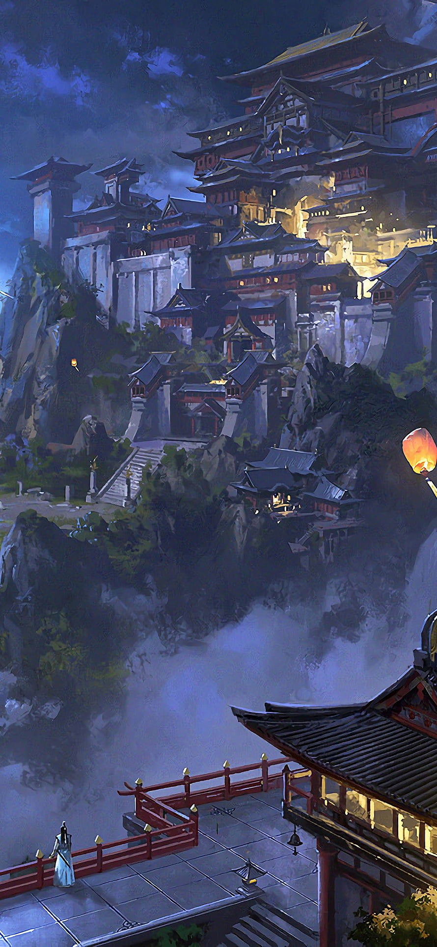 Mystical Asian Temple Complex on Misty Mountain Cliff at Night HD phone wallpaper