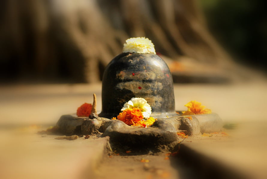 Sacred Shivling Stone Adorned With Marigold Flowers And Traditional Offerings HD wallpaper