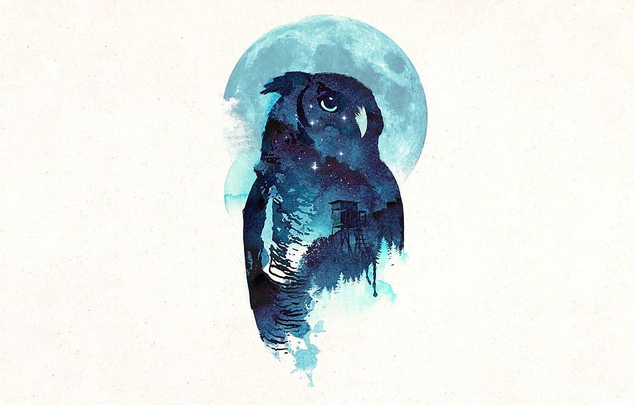 Watercolor Owl Silhouette with Starry Night Sky and Full Moon HD wallpaper