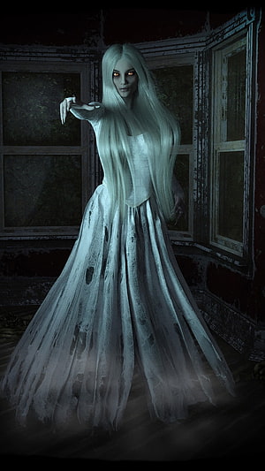 Ethereal Pale Ghost Woman in Tattered White Gown with Glowing Eyes, Ghost, Girl Ghost, Horror, gir ghost HD phone wallpaper