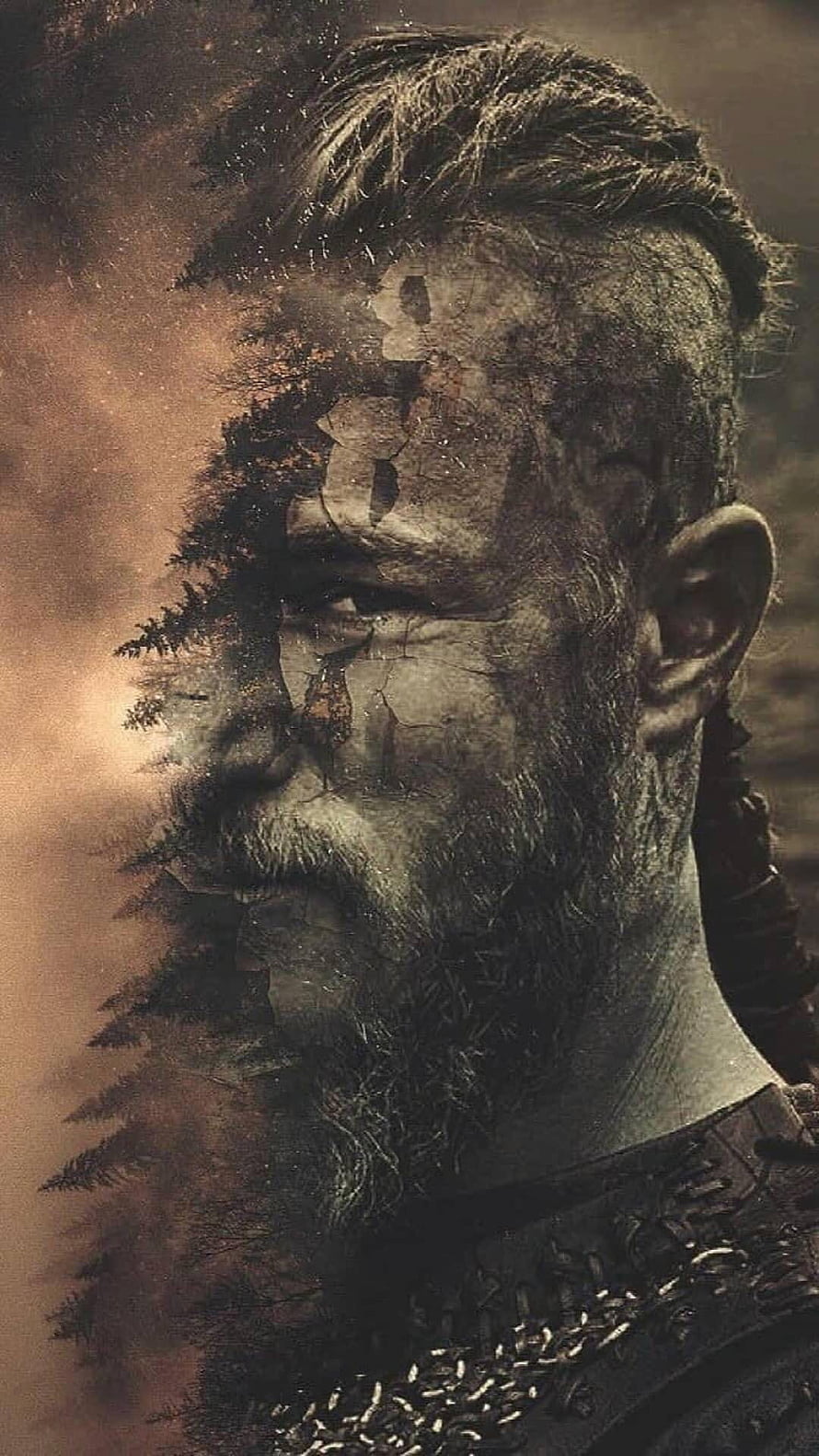 Double Exposure Viking Warrior Portrait With Forest Landscape And Chainmail Armor HD phone wallpaper