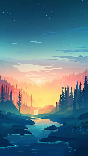 Serene Vector Landscape With Sunset Over River And Pine Forest HD phone wallpaper