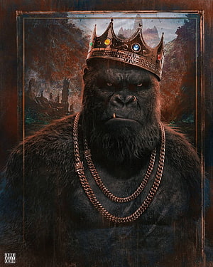 King Kong regal portrait wearing jeweled crown and gold chains in painterly fantasy style HD phone wallpaper
